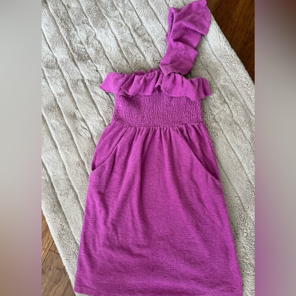 Y2K Juicy Couture Dress TerryCloth Violet Ruffle Trim 1 Shoulder Smocked Bust XS - Picture 4 of 6